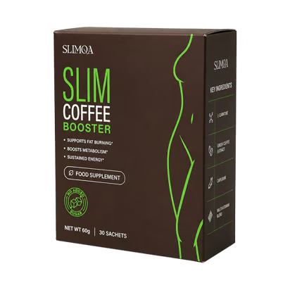 Caja de Slim Coffee Booster de Slimqa: complemento alimenticio con extracto de café verde, L-carnitina, cromo y L-teanina, 30 sobres de 60 g