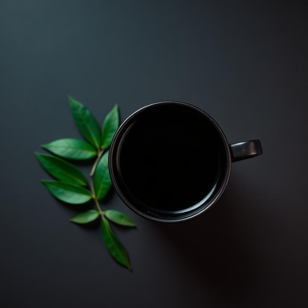Taza de café negro vista desde arriba junto a hojas verdes sobre una mesa oscura